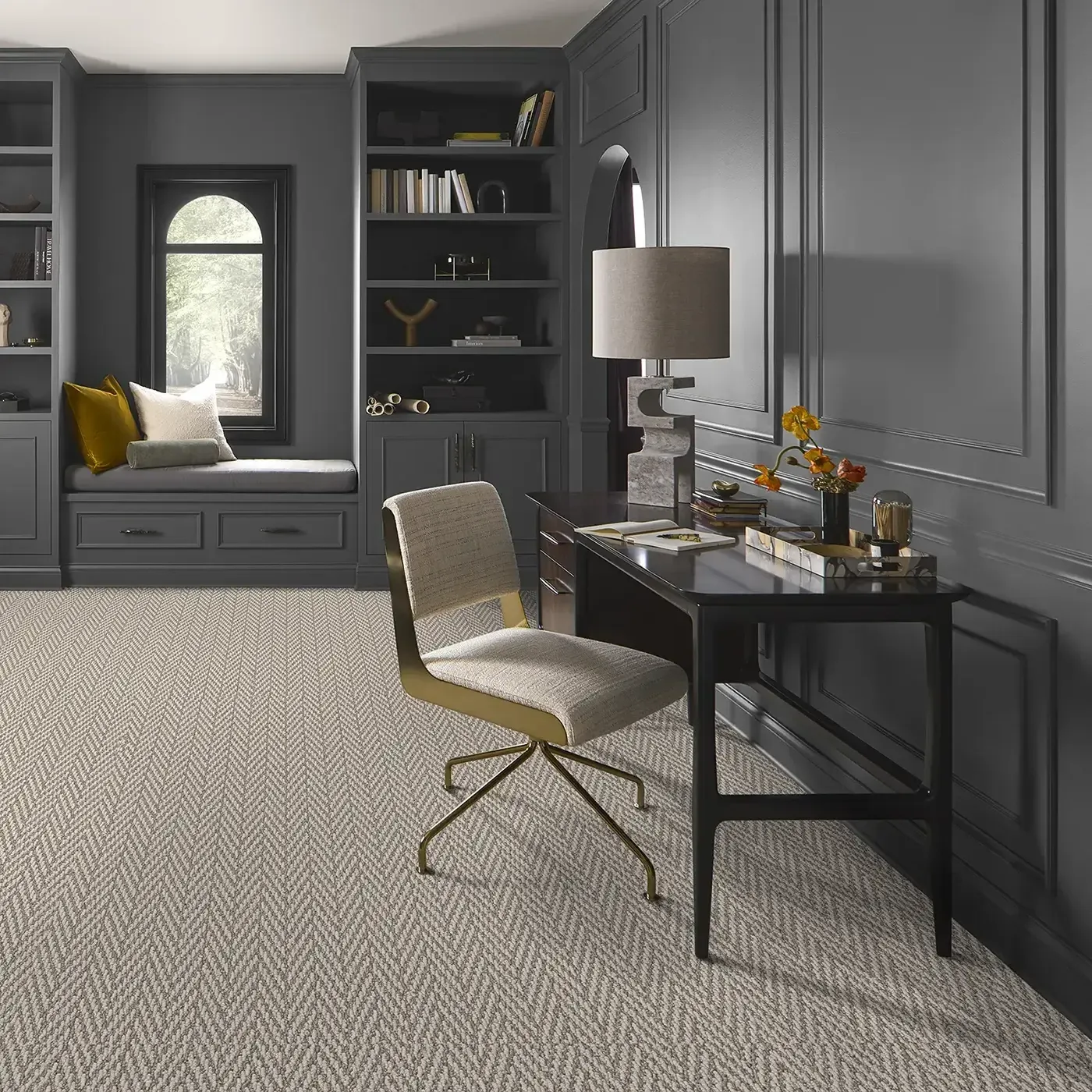 Always-Yours-ZB289-00753-Fossil-Room Shaw Floors tan patterned carpet in a residential office | Ronnie's Carpets & Flooring