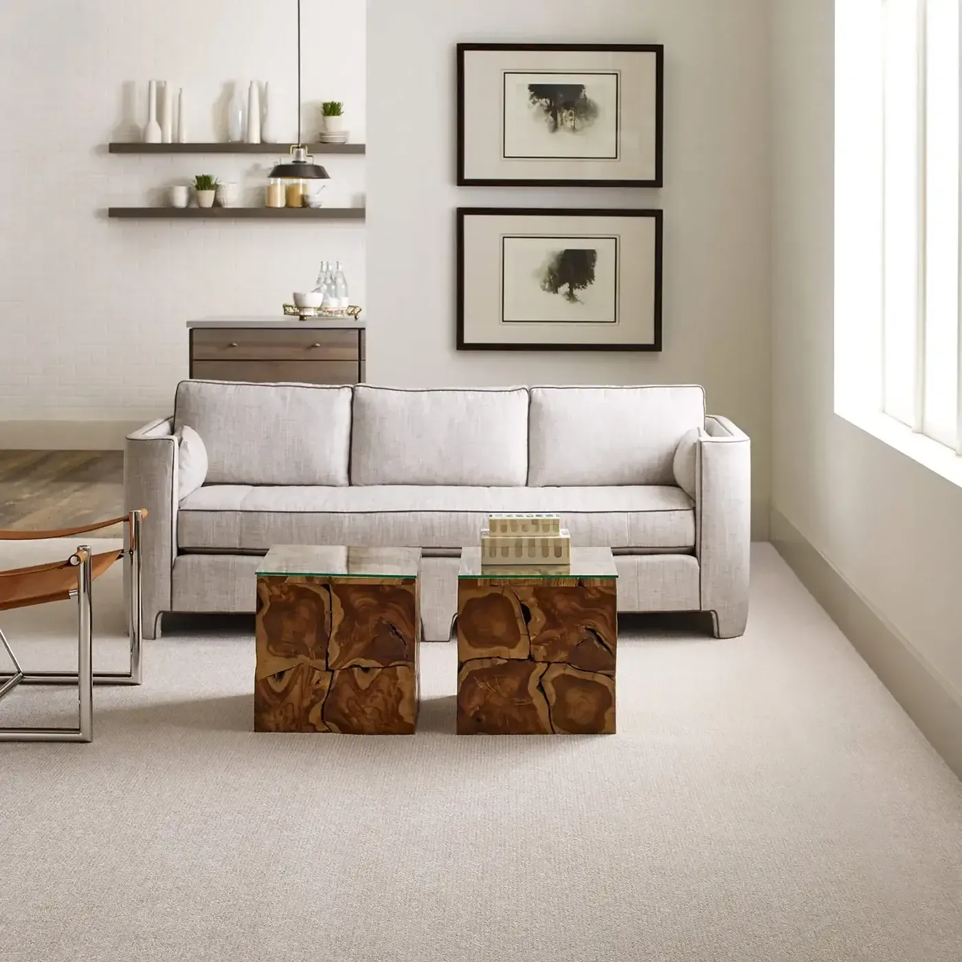 OUTSIDE-THE-LINES-E9645-SNOW-FALL-00101H Light gray Shaw Floors carpet in a lightly colored living room | Ronnie's Carpets & Flooring