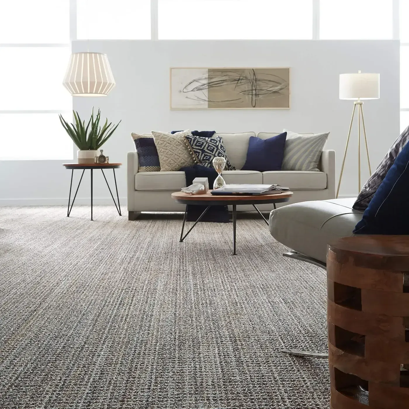SUNDANCE-ZZ039-JURA-GREY-00525-V Textured gray Shaw Floors carpet in a modern living room | Ronnie's Carpets & Flooring